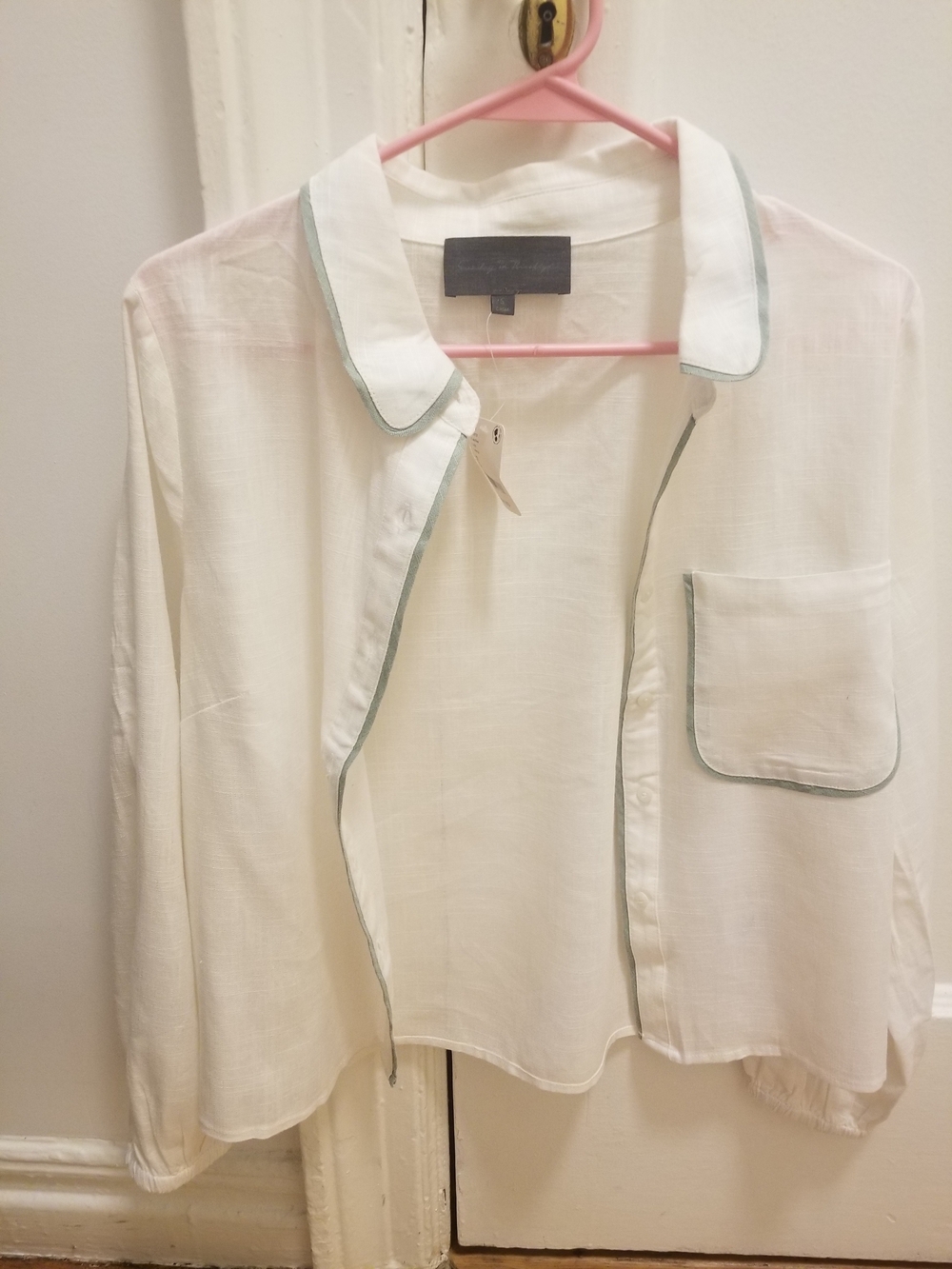 Sunday in Brooklyn, White Button-Down Top with Green Trim New with Tags!